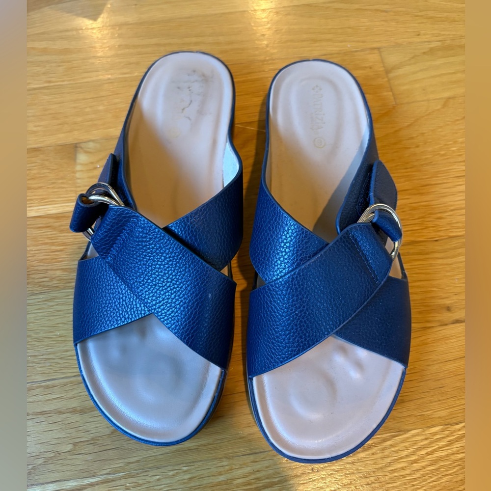 Blue Leather Slide Sandals
